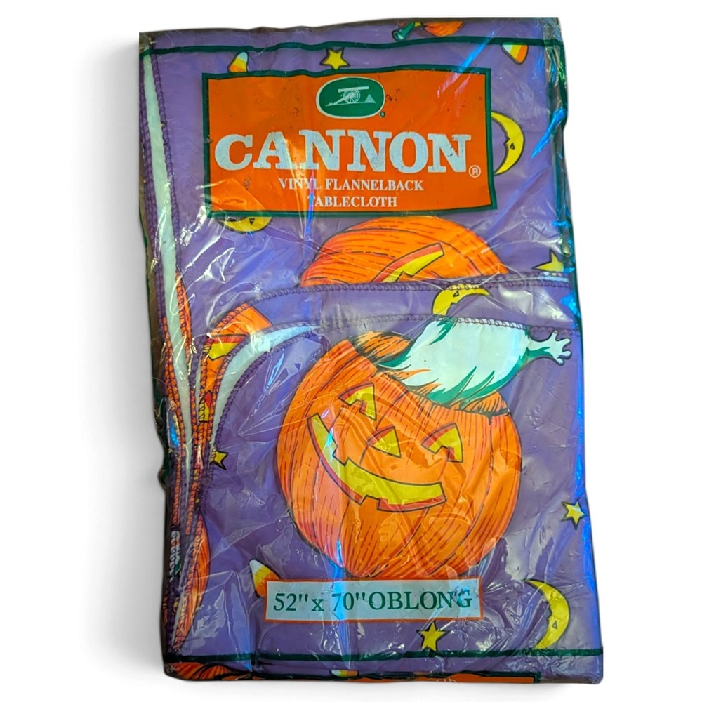Vintage 90s Halloween Vinyl Flannelback Tablecloth Jack O Lantern Ghost 52 x 70